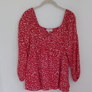 Loft Womens Red Heart Print Babydoll Puff Sleeves Smocked Top Sz 8 Whimsy Flowy